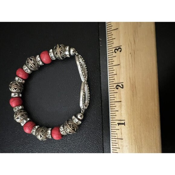 Silver Gold & Red Beaded Stretchy Bracelet with Sparkly Infinity Charm - Picture 5 of 6